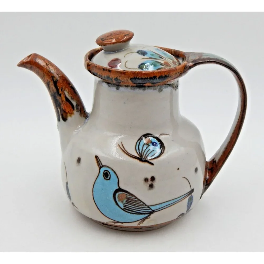 Tonala Ken Edwards Pottery Teapot Bird Butterfly Blue Brown 6 Inch
